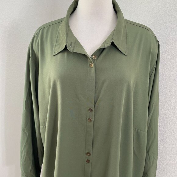 Susan Graver Woman Plus 4XP Olive Green Button UpTunic Shirt Pockets Long Sleeve - Picture 2 of 9